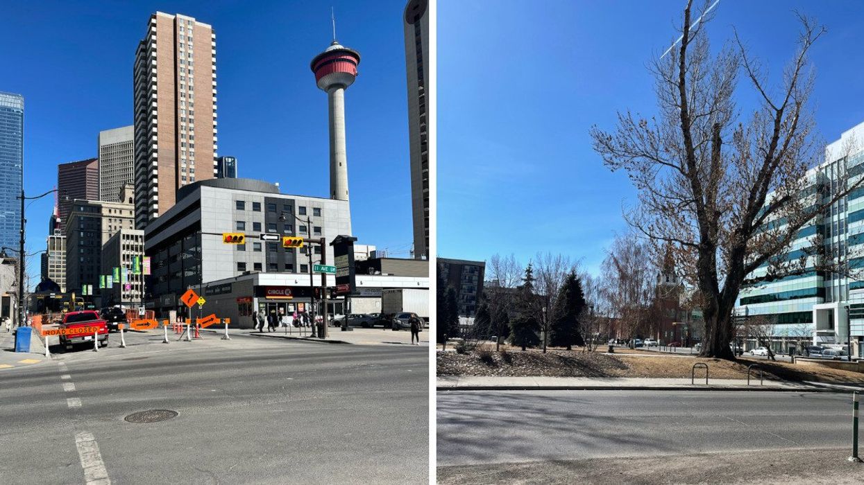 Construction in Calgary. Right: A park in spring.