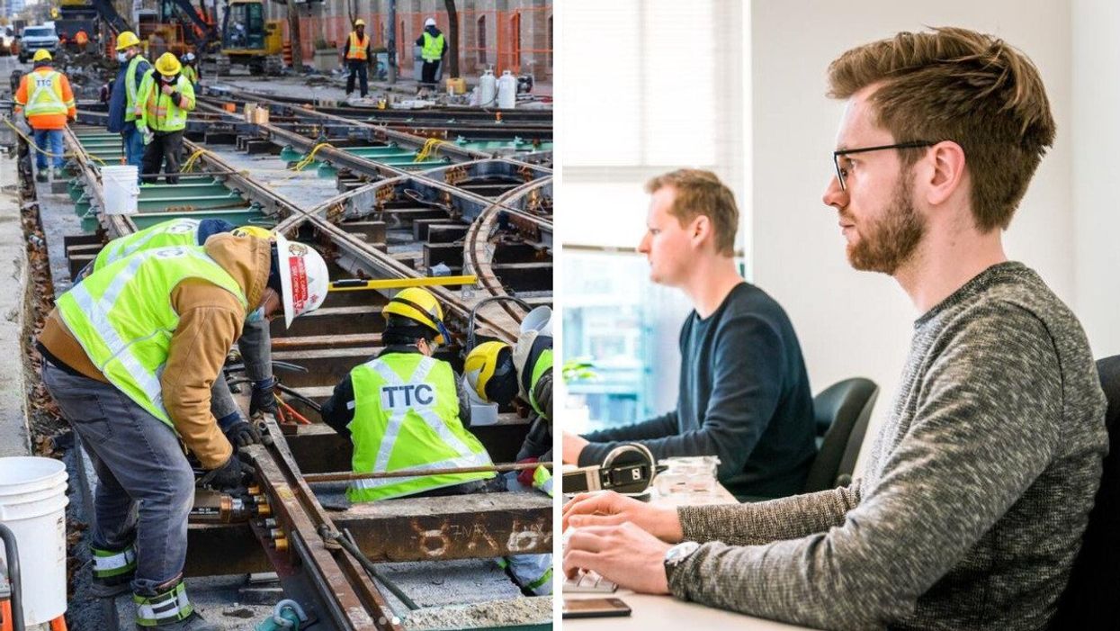 Construction workers in Toronto. Right: Two men working at a desk