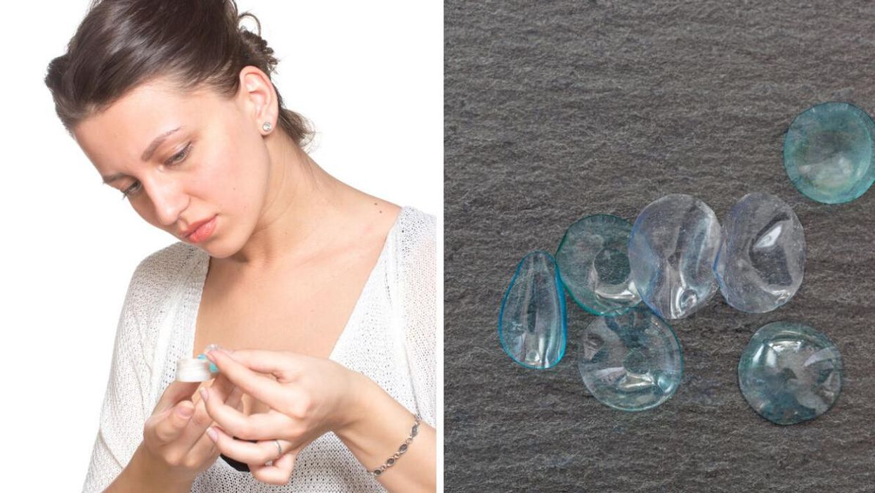 Contact lenses box in woman's hand. Right: Disposable contact lenses.
