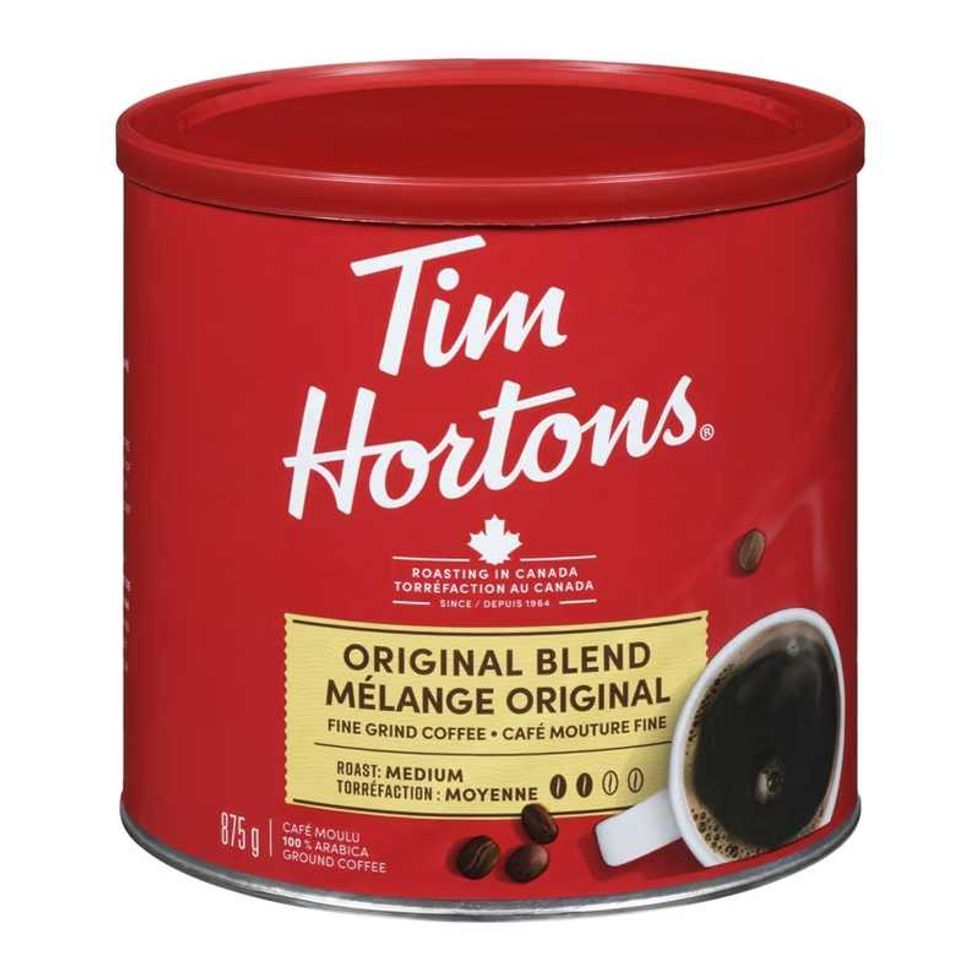 Contenant de 875 g de caf\u00e9 moulu m\u00e9lange original de Tim Hortons.