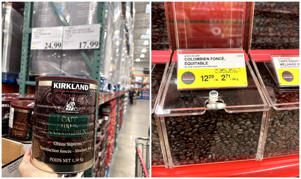 Contenant de caf\u00e9 colombien fonc\u00e9 moulu Kirkland \u00e0 vendre au Costco. Droite : Grains de caf\u00e9 colombiens fonc\u00e9s \u00e9quitables \u00e0 vendre en vrac au Bulk Barn.