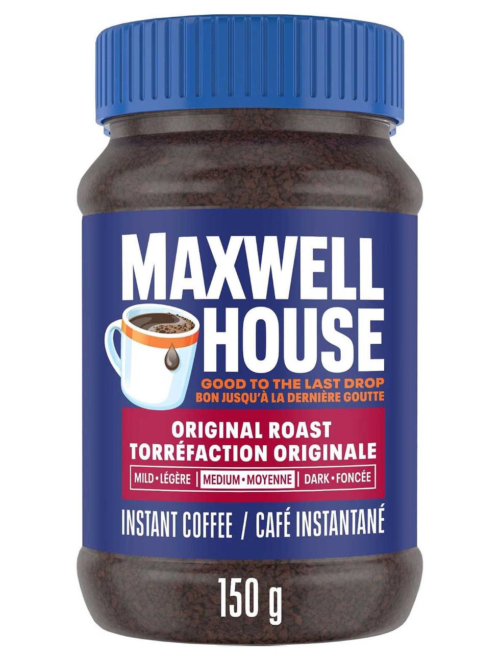 Contenant de caf\u00e9 instantan\u00e9 Maxwell House sur fond blanc.