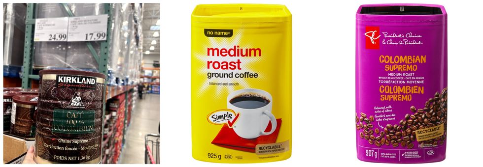 Contenant de caf\u00e9 Kirkland. Centre et droite : Contenants de caf\u00e9 Sans Nom et Choix du Pr\u00e9sident.