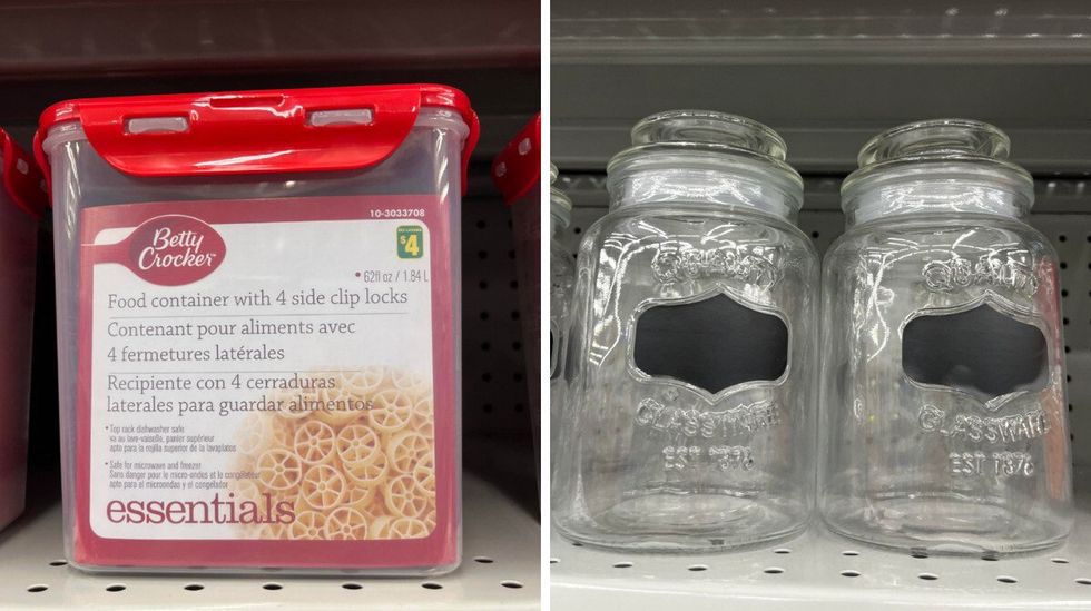 Contenant de rangement en plastique du Dollarama. Droite : Contenant de rangement en vitre du Dollarama.