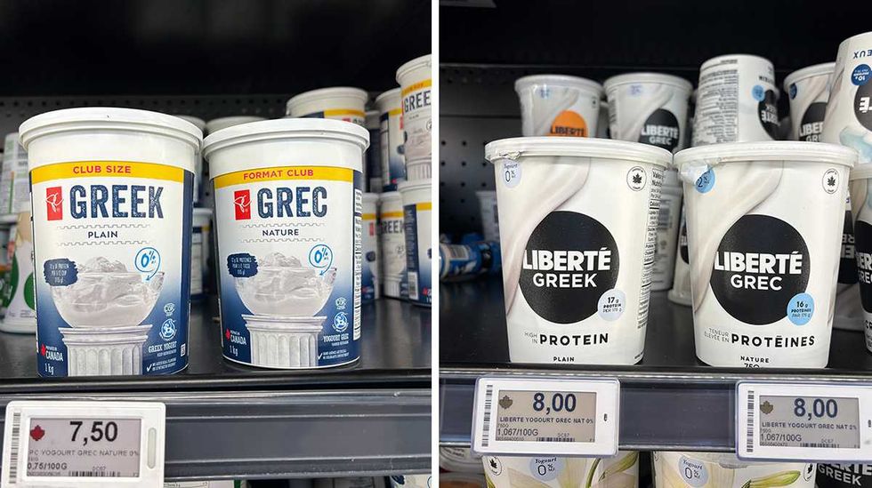 Contenant de yogourt grec de marque Le Choix du Pr\u00e9sident. Droite : Contenants de yogourt grec de la marque Libert\u00e9.