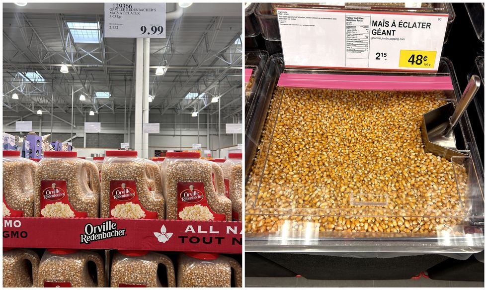 Contenants de ma\u00efs \u00e0 \u00e9clater Orville Redenbacher \u00e0 vendre au Costco. Droite : Ma\u00efs \u00e0 \u00e9clater en vrac \u00e0 vendre au Bulk Barn.