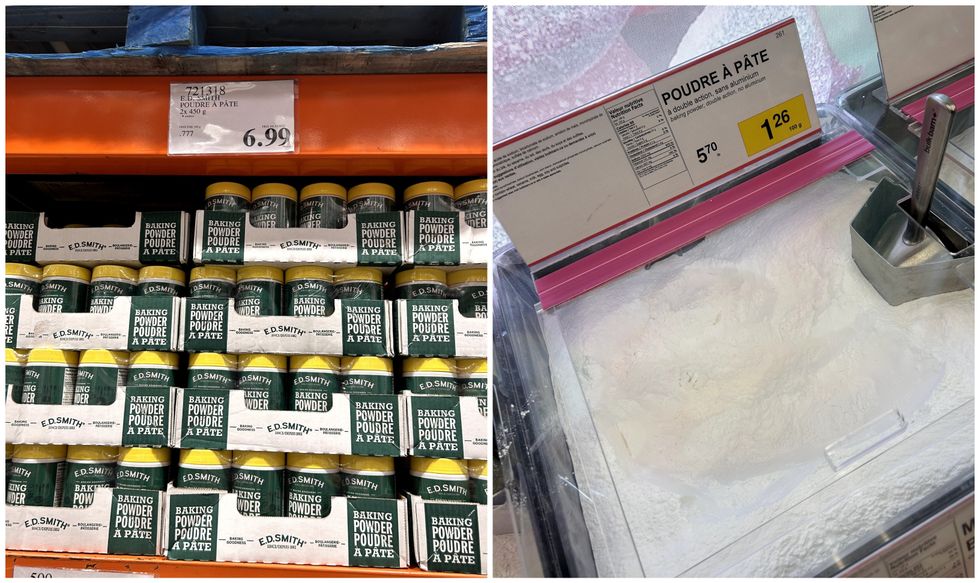 Contenants de poudre \u00e0 p\u00e2te E.D Smith \u00e0 vendre au Costco. Droite : Poudre \u00e0 p\u00e2te en vrac \u00e0 vendre au Bulk Barn.
