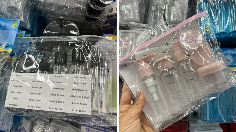 Contenants r\u00e9utilisables avec \u00e9tiquettes dans une pochette transparente.