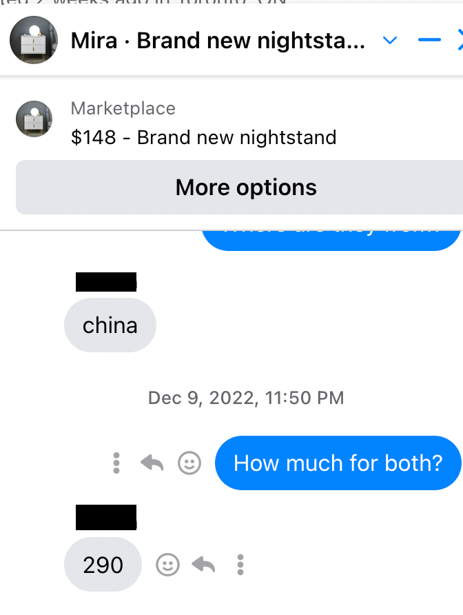 Conversation Mira had with someone selling on Facebook.