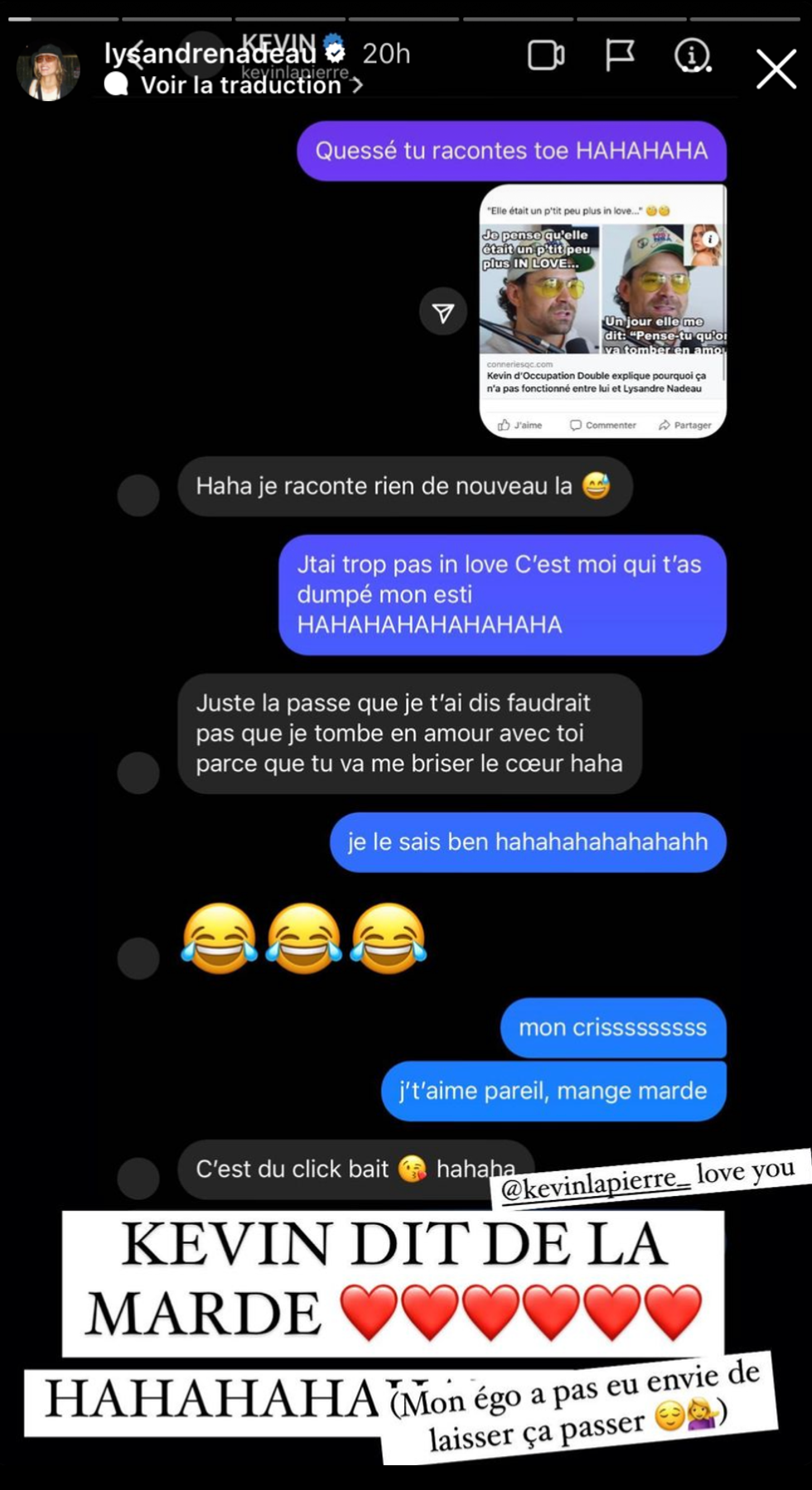 Conversation par texto entre Kevin Lapierre et Lysandre Nadeau.