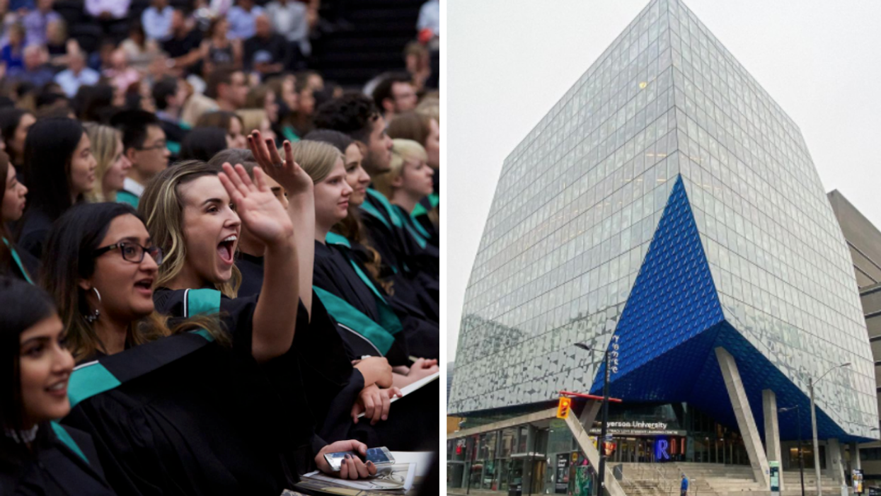 Convocation ceremony at the University of Waterloo in 2018. Right: SLC Building at Ryerson University.