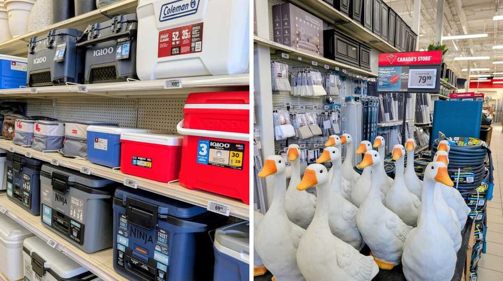 Coolers on store shelves. Right: Porch geese statues.