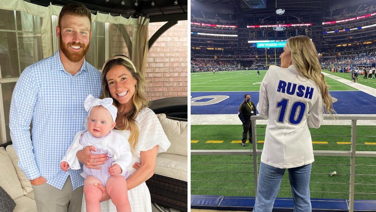 Cooper Rush with his wife and daughter. Right: Lauryn Rush wearing a Cowboys-themed blazer.