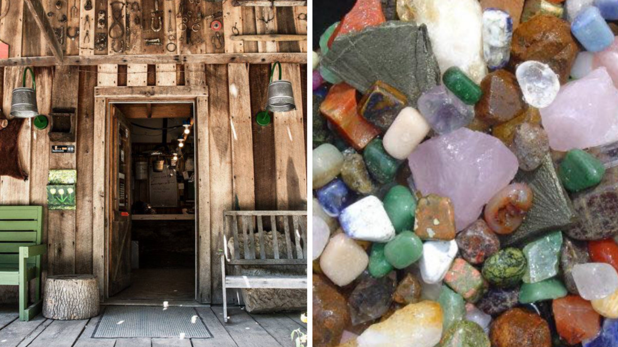 Cooper's Gem Mine's entrance in Tennessee. Right: Various multi-colored gems.