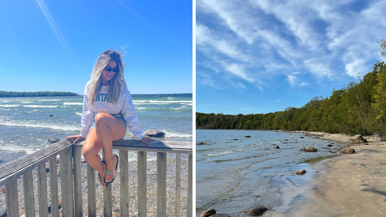 Corner of a boardwalk trail next to Georgian Bay. Right: Secluded sandy beach shore in Ontario.
