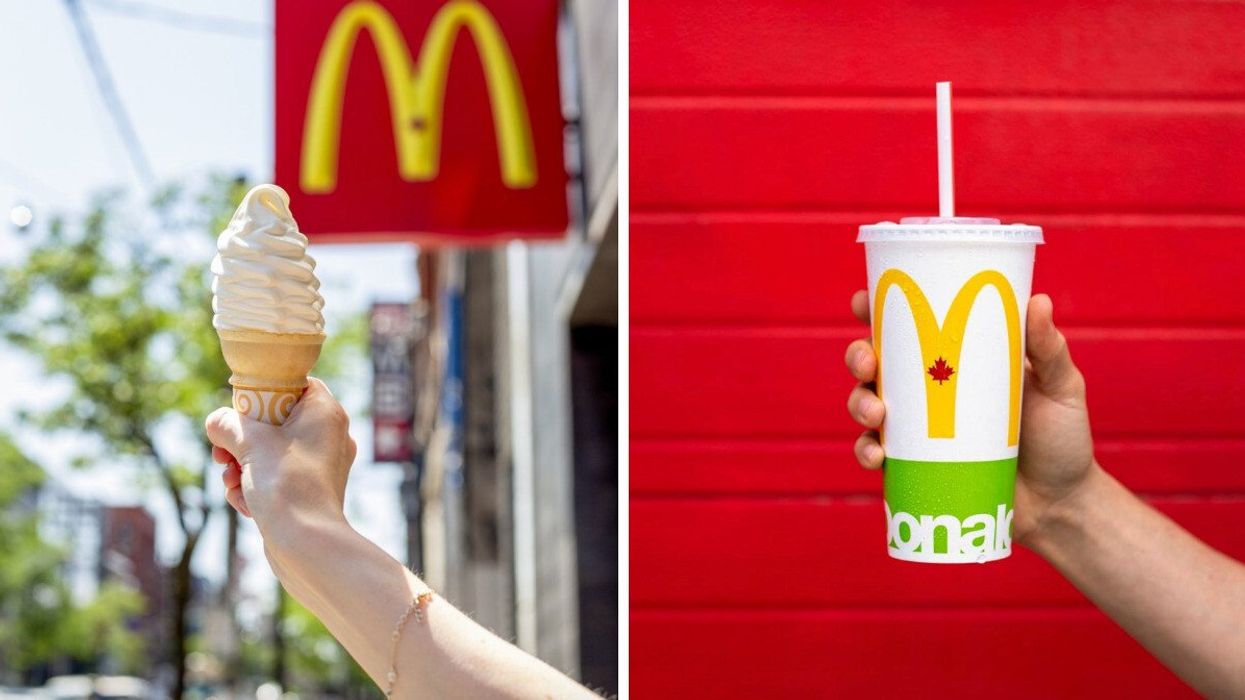 Cornet du McDonald's. Droite : Boisson du McDonald's.
