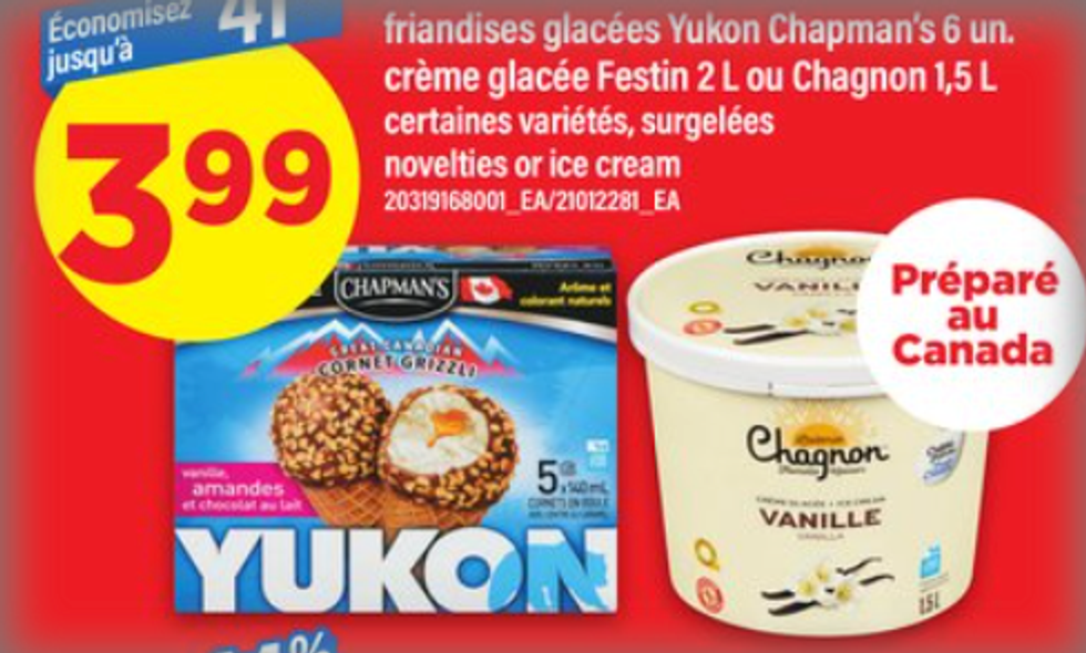 Cornet vanille, amandes et chocolat au lait Yukon grizzli dans la circulaire du Maxi.