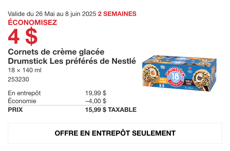 Cornets de cr\u00e8me glac\u00e9e Drumstick dans la circulaire du Costco