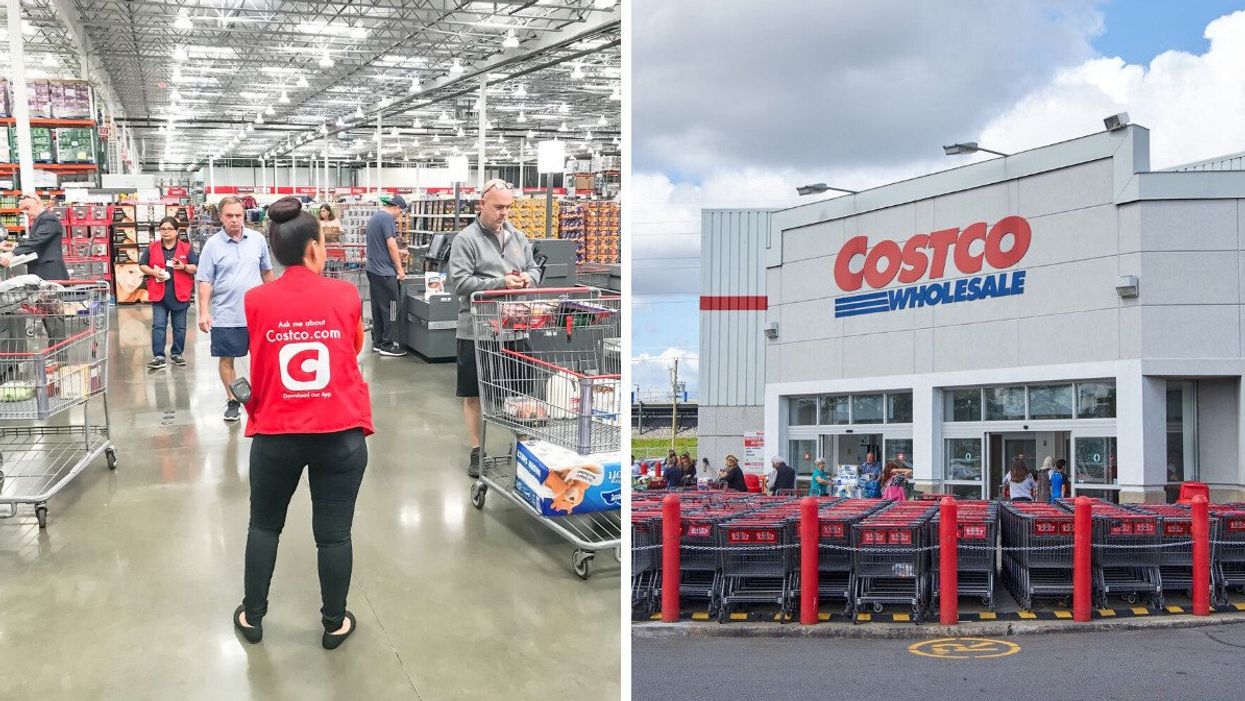 Costco employee at the self checkout. Right: Costco location in Canada.