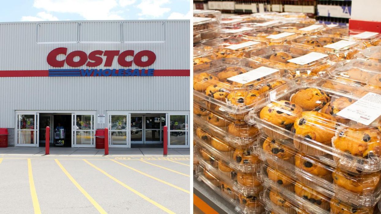 Costco exterior. Right: Costco baked goods.