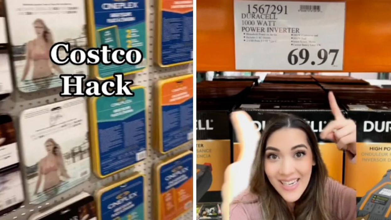Costco gift card display. Right: TikToker maizimmy explaining a Costco shopping hack.