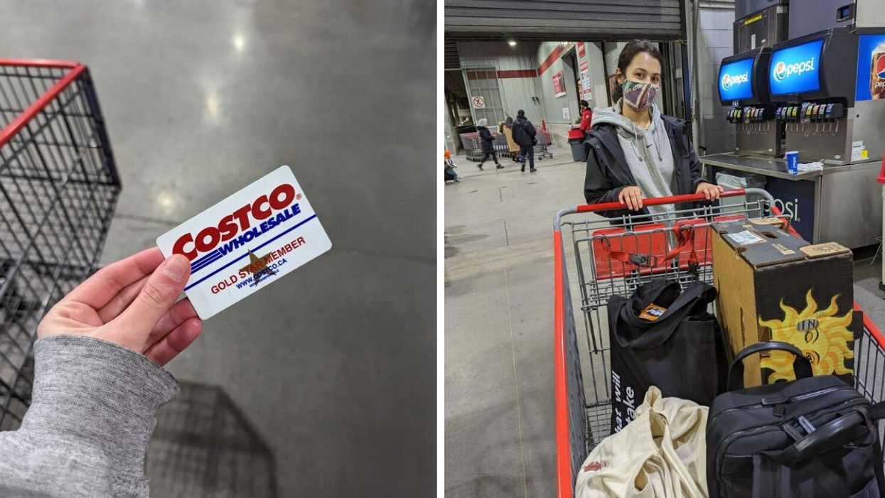 Costco Gold Membership card. Right: Sierra Riley in Costco Vancouver.
