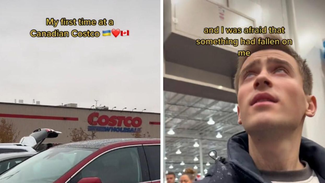 Costco in Saskatchewan. Right: TikToker Andrian Makhnachov in a Costco warehouse.