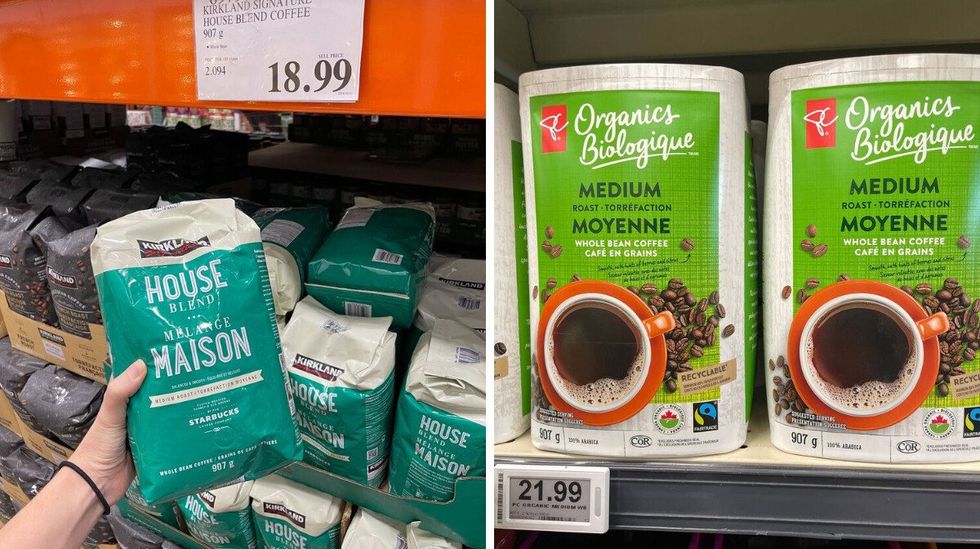 costco kirkland coffee. right: loblaws president's choice coffee