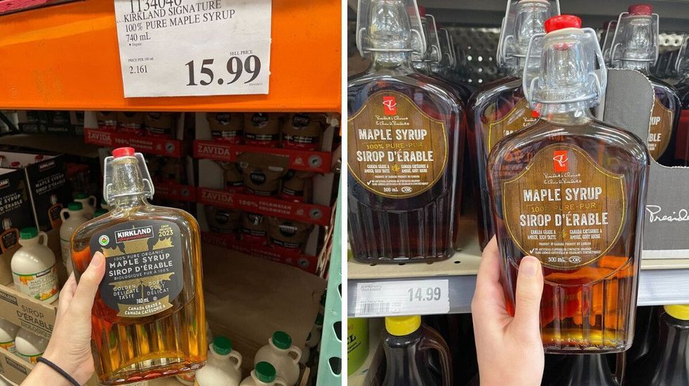 costco kirkland maple syrup. right: president's choice maple syrup