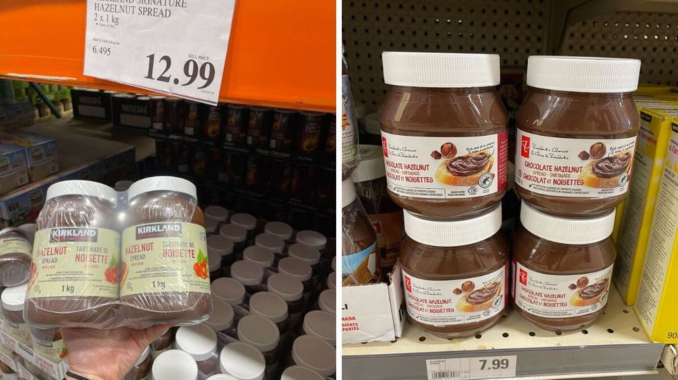 costco krikland hazelnut spread. right: president's choice hazelnut spread