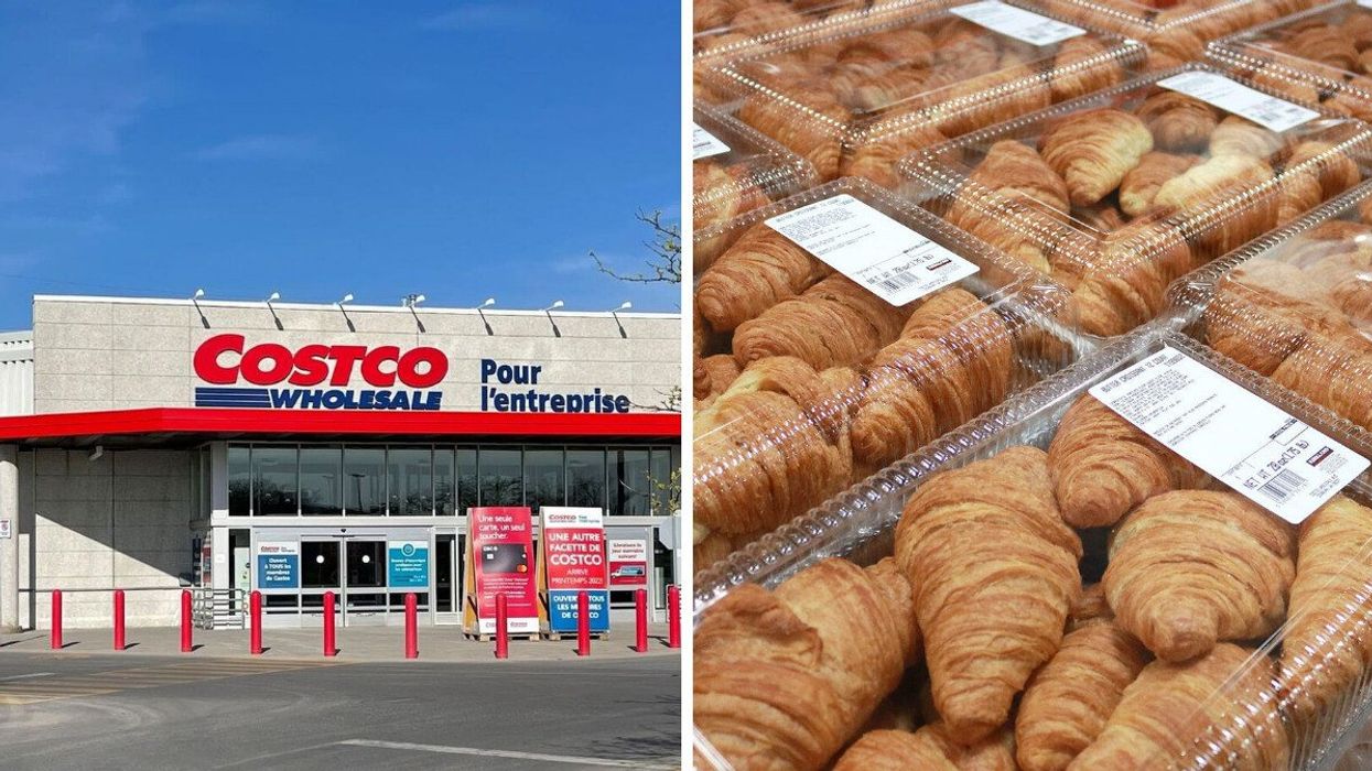 Costco location in Canada. Right: Packages of Costco croissants.