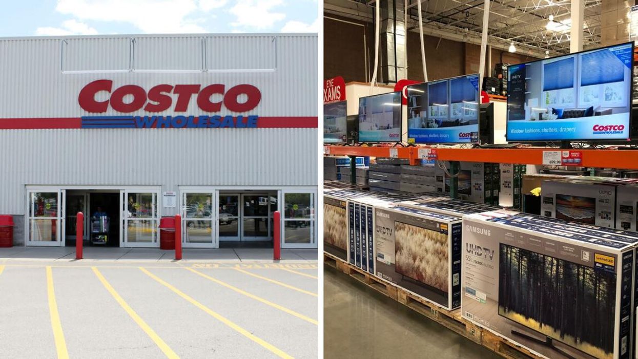 Costco location in Canada. Right: TVs on display in a Costco warehouse.