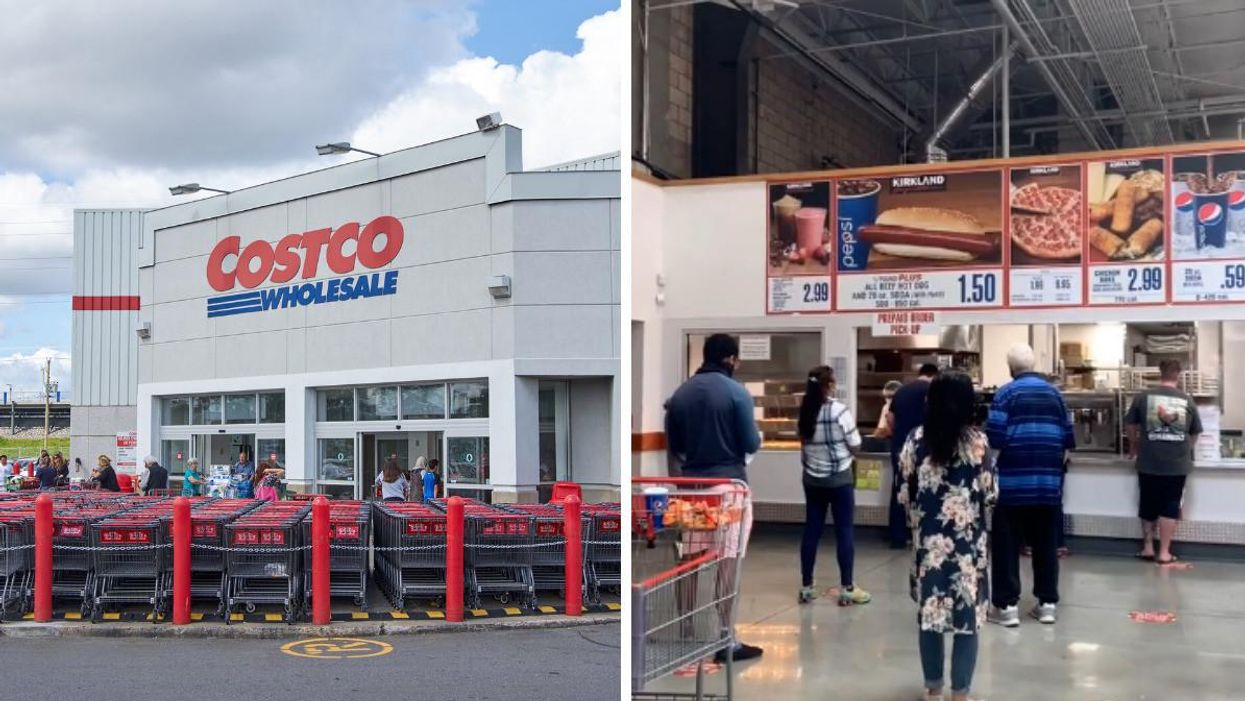 Costco location in Montreal. Right: People in line at the Costco food court in a TikTok about the hot dogs.