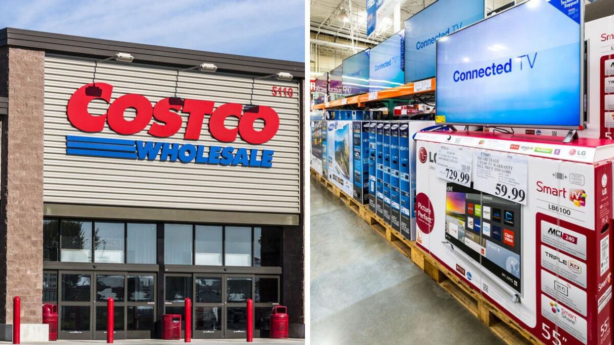 Costco location. Right: TVs on display inside a Costco warehouse.