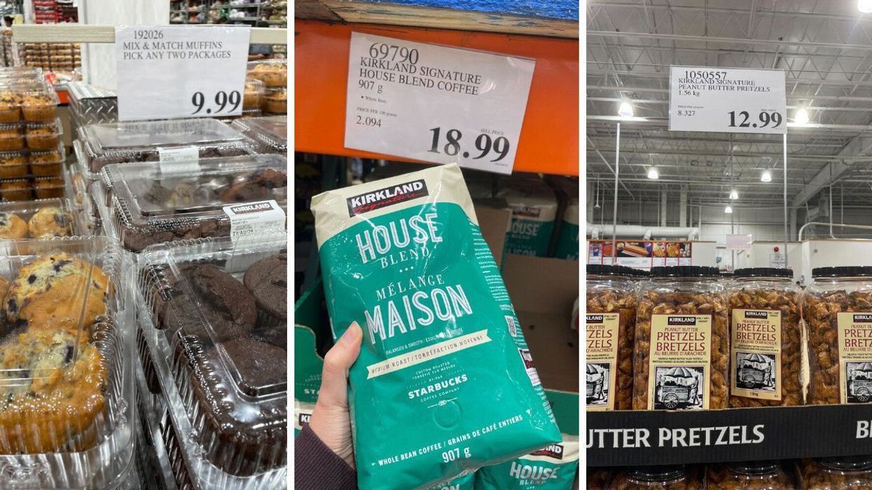 Costco muffins. Right: Kirkland Signature coffee at Costco. Right: Costco peanut butter pretzels.