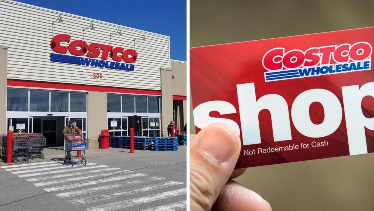 Costco warehouse. Right: Person holding a Costco Shop Card.