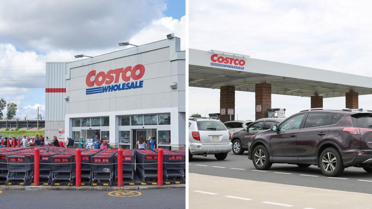 Costco Wholesale. Right: Customers lining up at a Costco gas station.