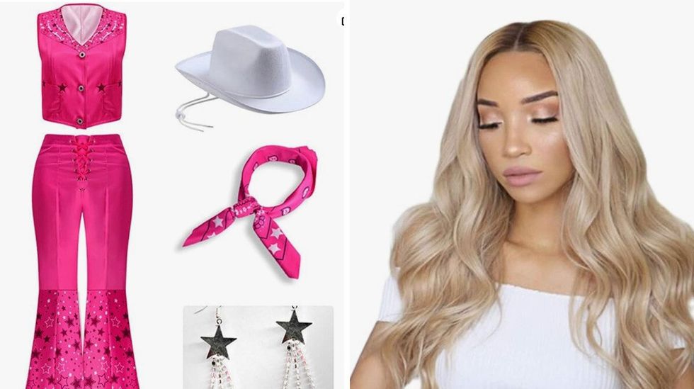 Costume Barbie. Droite : Perruque blonde.