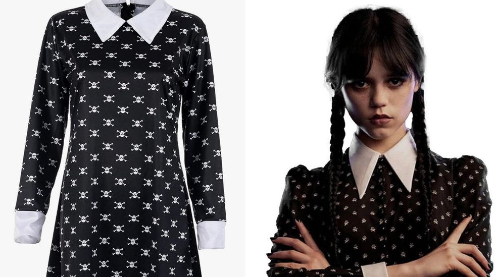 Costume Wednesday Addams. Droite : Perruque noire.