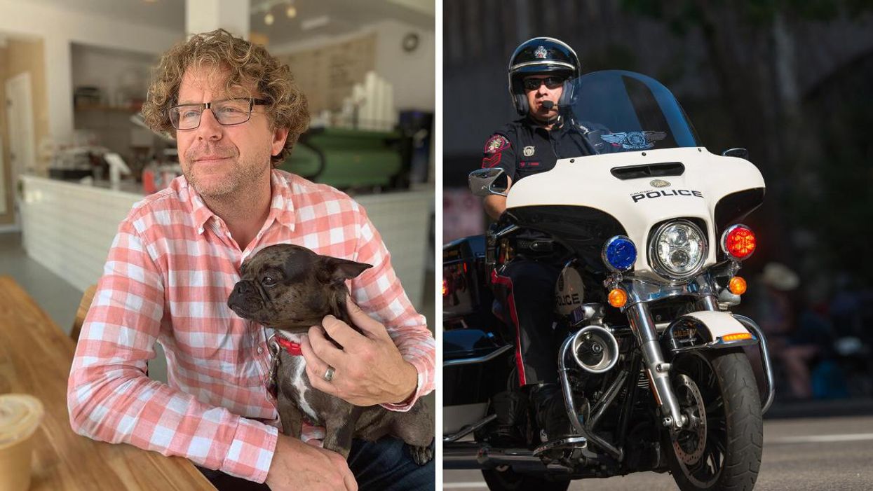 Councillor Gian-Carlo Carra. Right: A Calgary Police officer on a motorbike.
