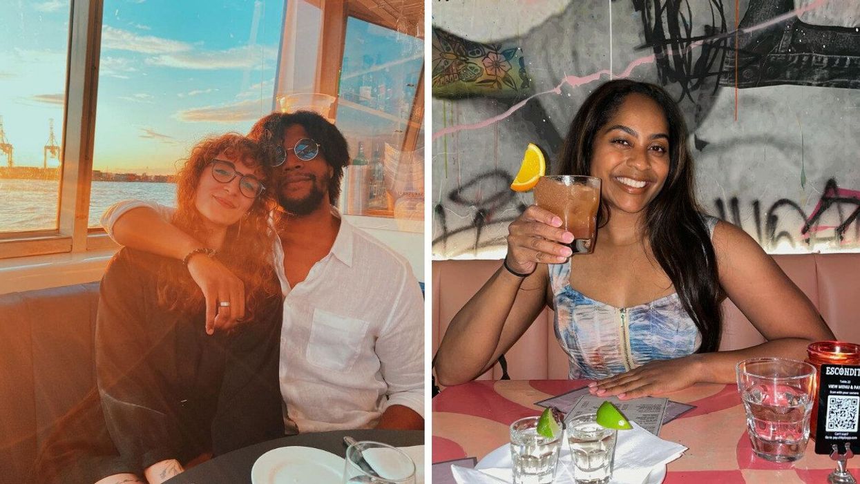 Couple dans un bateau-mouche. Droite : Une personne au restaurant Escondite.