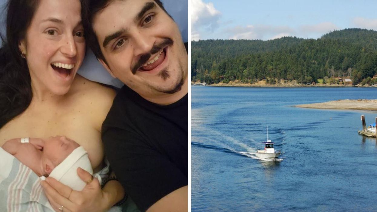 Couple holding baby just after giving birth. Right: Boat on Pender Island.