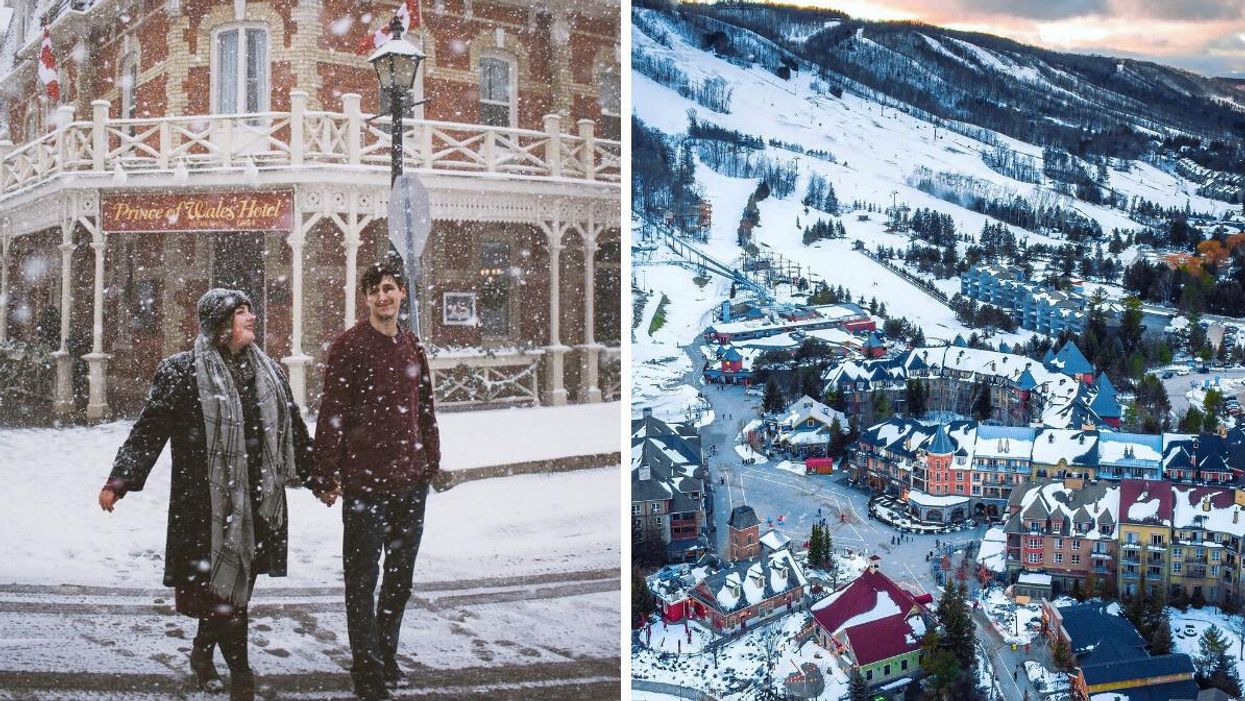 Couple holding hands in the snow. Right: Snow covered village.
