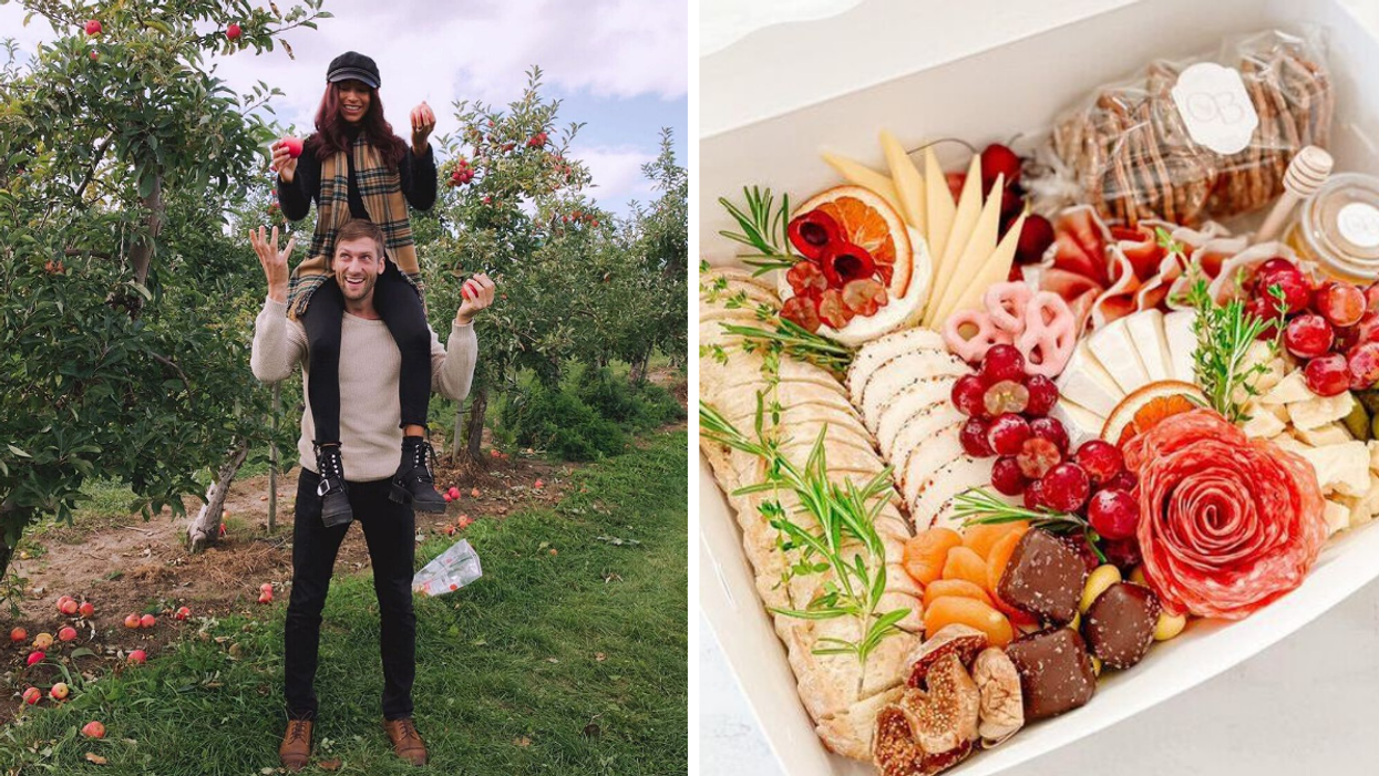 Couple in an Ontario apple orchard. Right: Charcuterie 'marché' size picnic box.
