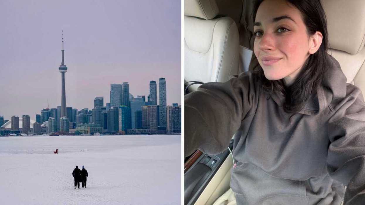 Couple in coats walks in snow towards Toronto CN Tower and skyline. Right: Girl in grey sweater takes selfie in car with white seats.