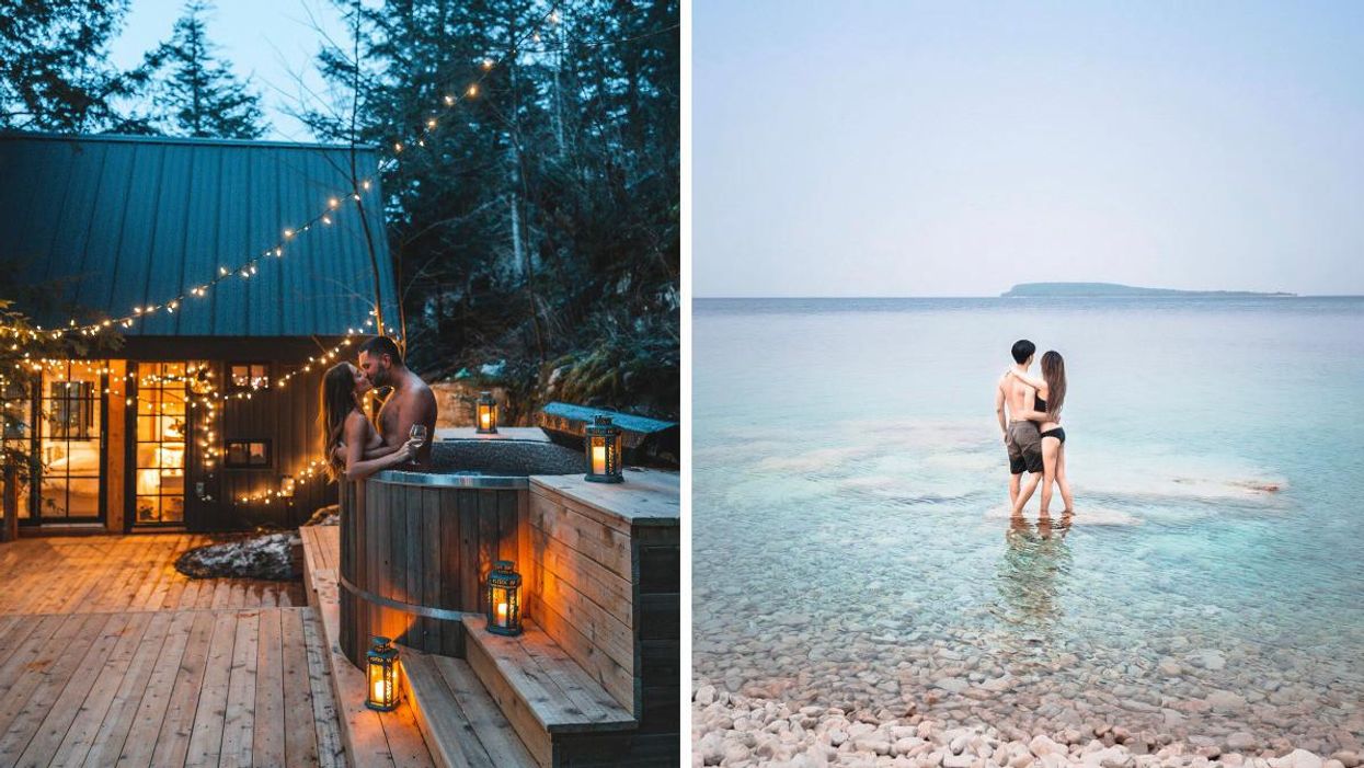 Couple kissing in a hot tub surrounded by lights and lanterns in Muskoka. Right: Couple standing in shallow water in Tobermory.