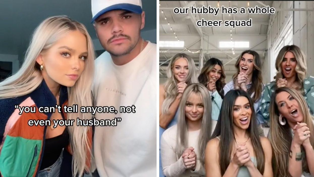 Couple Miranda and Chase look directly into the camera. Right: The group of Utah mom influencers posing together.