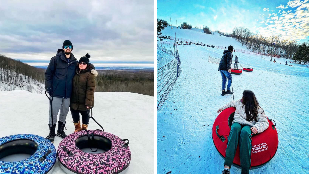 Couple on top of a snow-covered tubing hill. Right: Woman getting pulled uphill in a snow tube.
