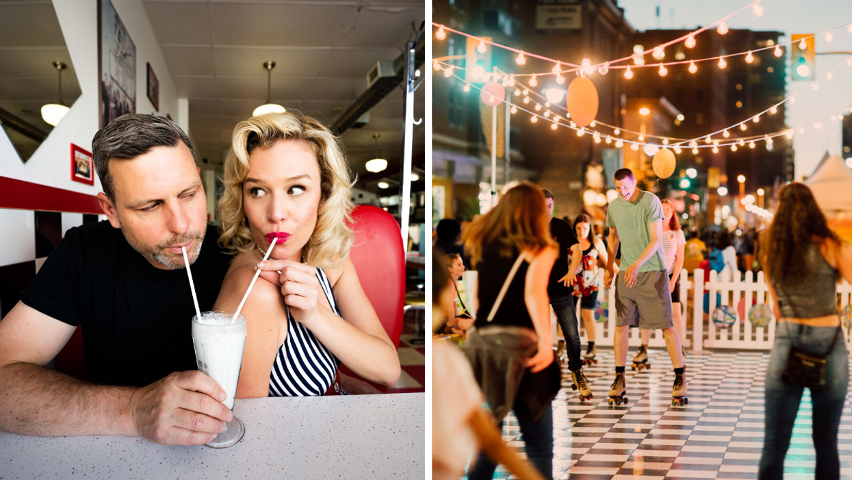 Couple sharing a milkshake at a vintage diner. Right: Skating on a vintage vroller rink in Ottawa.