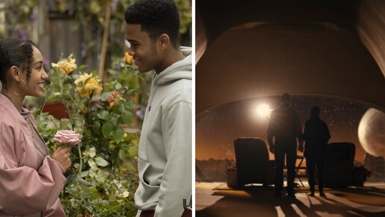 Couple shot from Disney Plus movie Sneakerella. Right: Deserted planet in movie Night Sky.